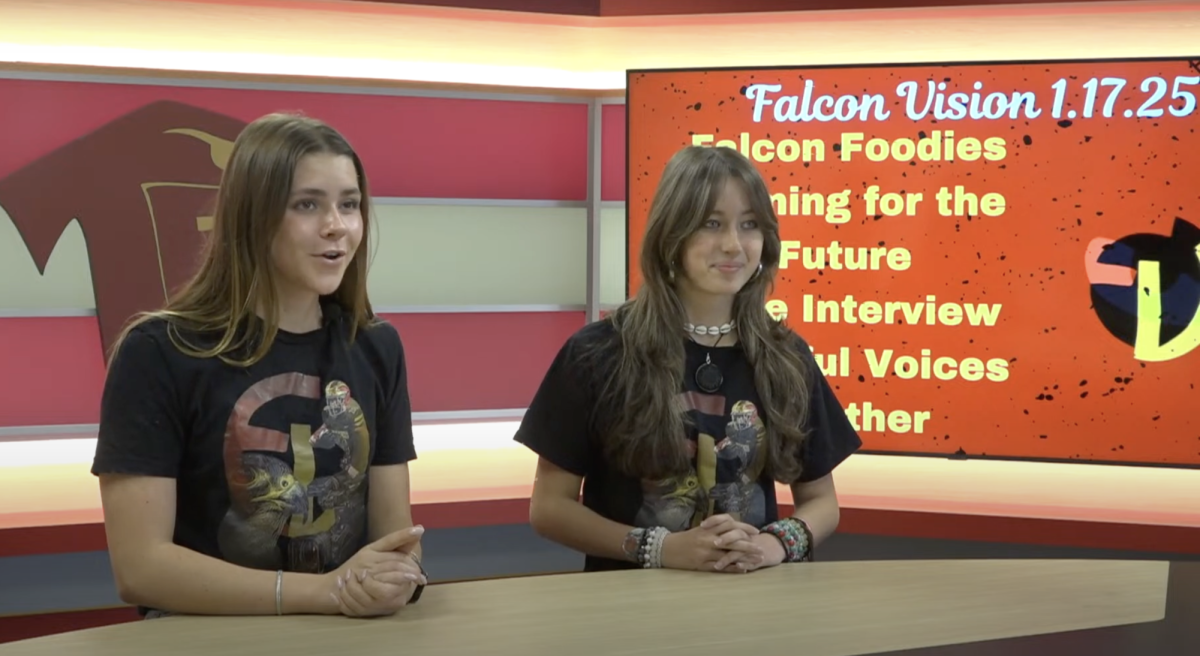 Anchors Katerina Wietfeldt and Catalina Baraya report for the Jan. 17 Falcon Vision show. This was the first show back of the semester. Photo courtesy of Katerina Wietfeldt. 